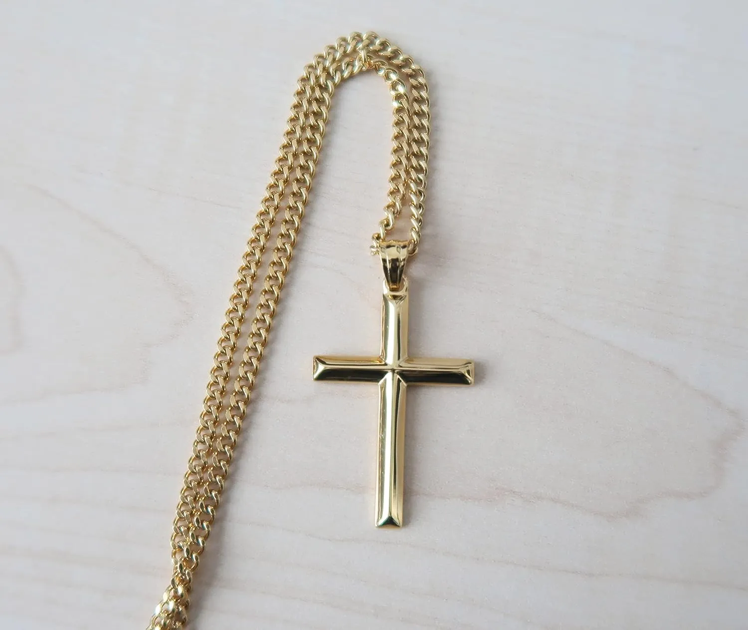 18K Gold Chain SMALL Bevel Cross Pendant Necklace 3MM Cuban Necklace Clasp for Women, Men WIFE, HUSBAND Thin for Charms Miami Cuban Link Diamond Cut Religious Beveled Edge