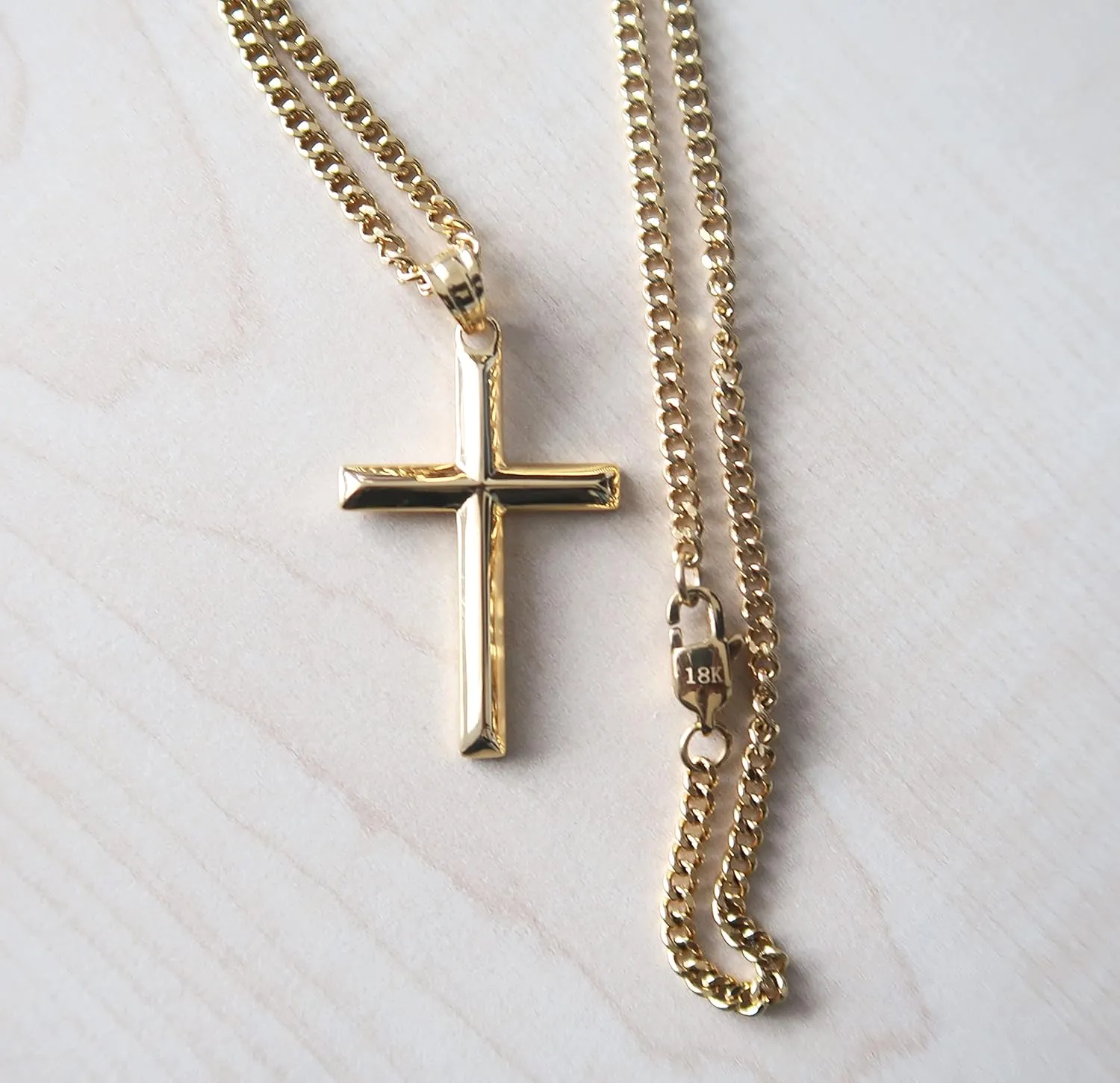 18K Gold Chain SMALL Bevel Cross Pendant Necklace 3MM Cuban Necklace Clasp for Women, Men WIFE, HUSBAND Thin for Charms Miami Cuban Link Diamond Cut Religious Beveled Edge