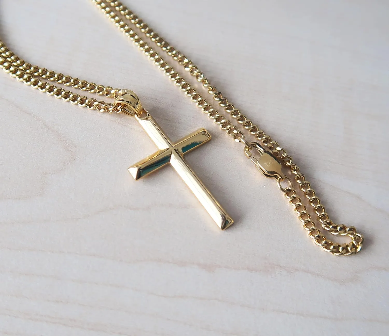 18K Gold Chain SMALL Bevel Cross Pendant Necklace 3MM Cuban Necklace Clasp for Women, Men WIFE, HUSBAND Thin for Charms Miami Cuban Link Diamond Cut Religious Beveled Edge