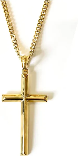 18K Gold Chain SMALL Bevel Cross Pendant Necklace 3MM Cuban Necklace Clasp for Women, Men WIFE, HUSBAND Thin for Charms Miami Cuban Link Diamond Cut Religious Beveled Edge