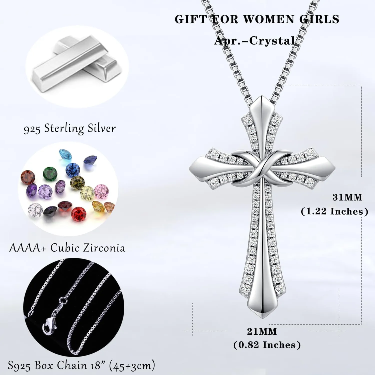 18K White Gold Plated Infiny Cross Necklace 925 Sterling Silver Cross Infinity Necklace for Women Cross Necklace with Shiny Birthstone, Ideal Gift for Her