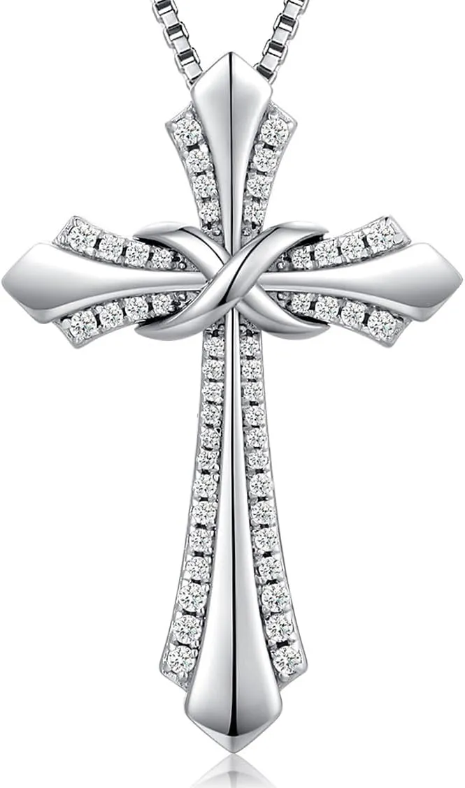18K White Gold Plated Infiny Cross Necklace 925 Sterling Silver Cross Infinity Necklace for Women Cross Necklace with Shiny Birthstone, Ideal Gift for Her