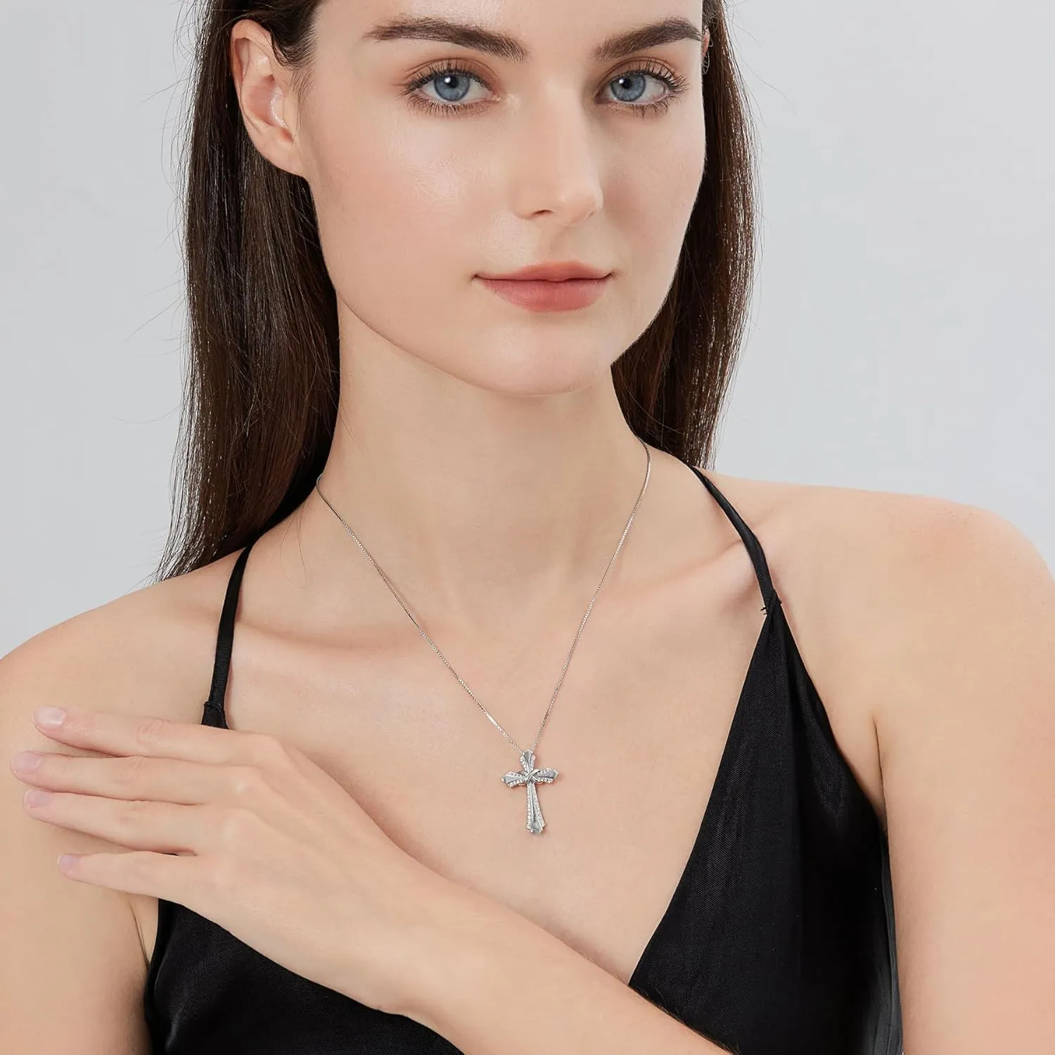 18K White Gold Plated Infiny Cross Necklace 925 Sterling Silver Cross Infinity Necklace for Women Cross Necklace with Shiny Birthstone, Ideal Gift for Her