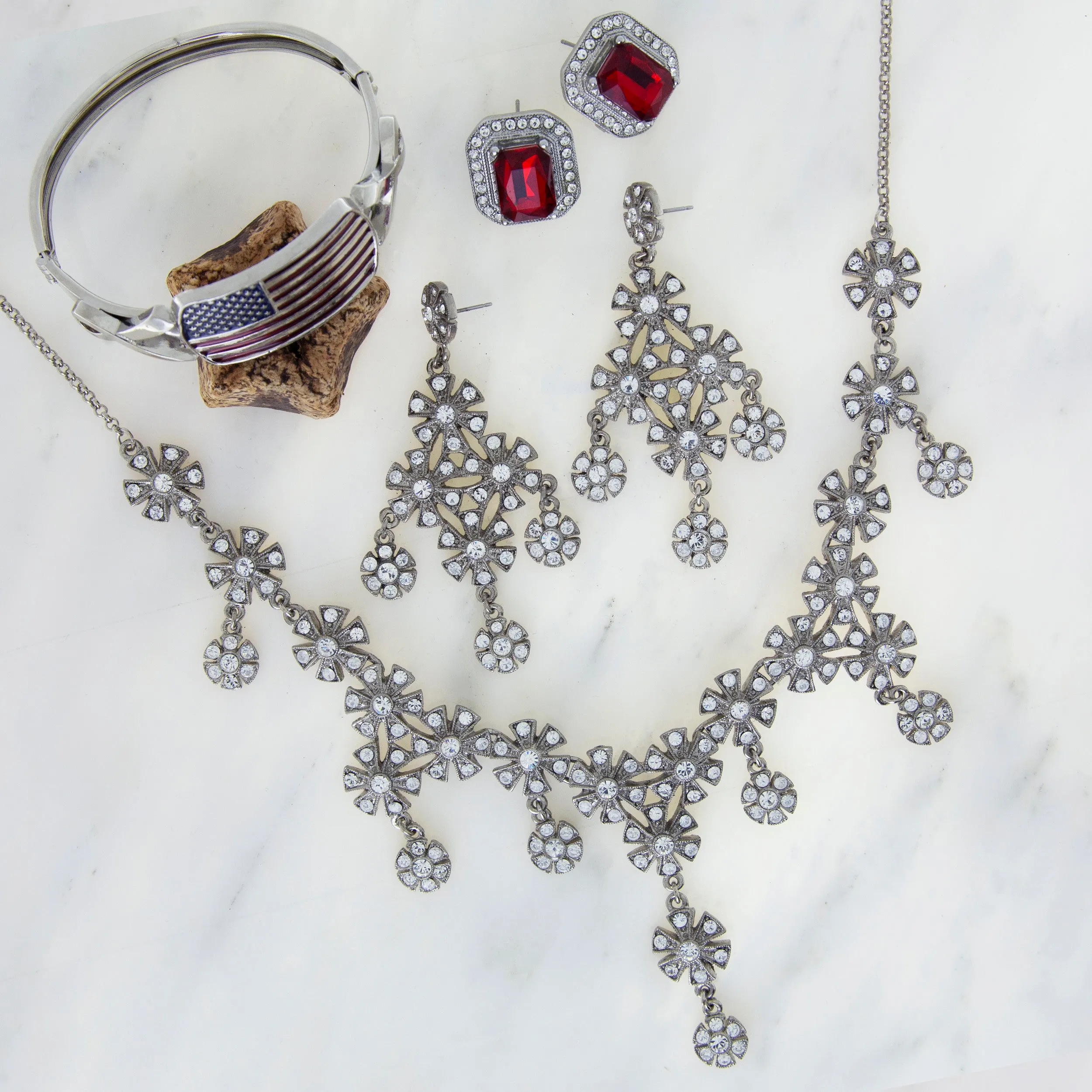 1928 Jewelry $200 Value Mystery Jewelry Package One Necklace, Two Earrings and One Bracelet