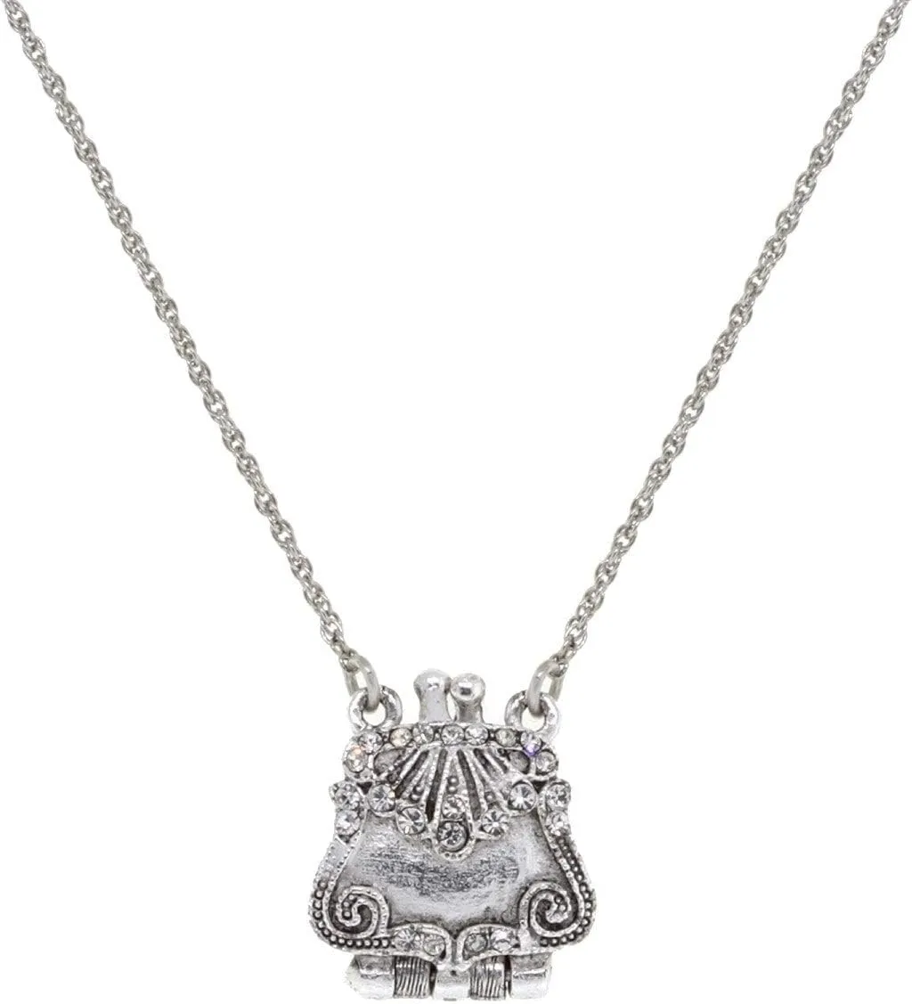 1928 Jewelry Silver Tone with Crystal Accents Purse Picture Locket Necklace For Women 18", Ladies Vintage Style Photo Keepsake, Made In USA