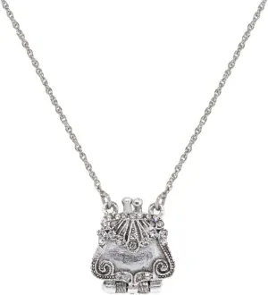1928 Jewelry Silver Tone with Crystal Accents Purse Picture Locket Necklace For Women 18", Ladies Vintage Style Photo Keepsake, Made In USA