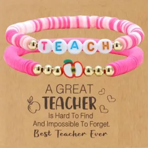 2-4Pcs Teacher Appreciation Gifts for Women Teacher Letter Polymer Clay Bracelets Apple Round Bead Bracelet With Message Card Teachers Day First Day of School/Back To School Graduation Gifts