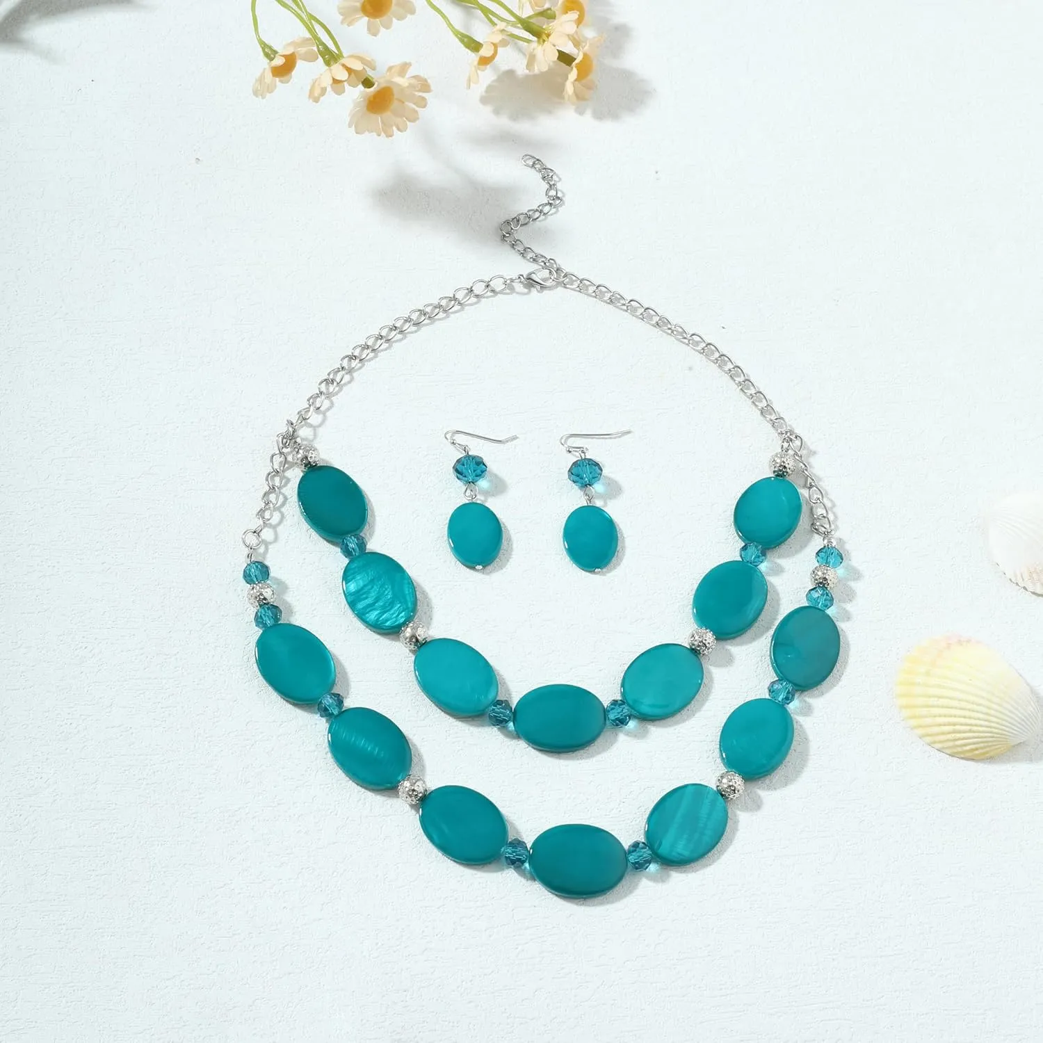 2 Layered Chunky Beaded Shell Necklace for Women Sea Shell blue/yellow/red/green/turquoise/teal/white Statement Necklace and Earring Set Elegant Women Necklace Set Jewelry Sets for Women