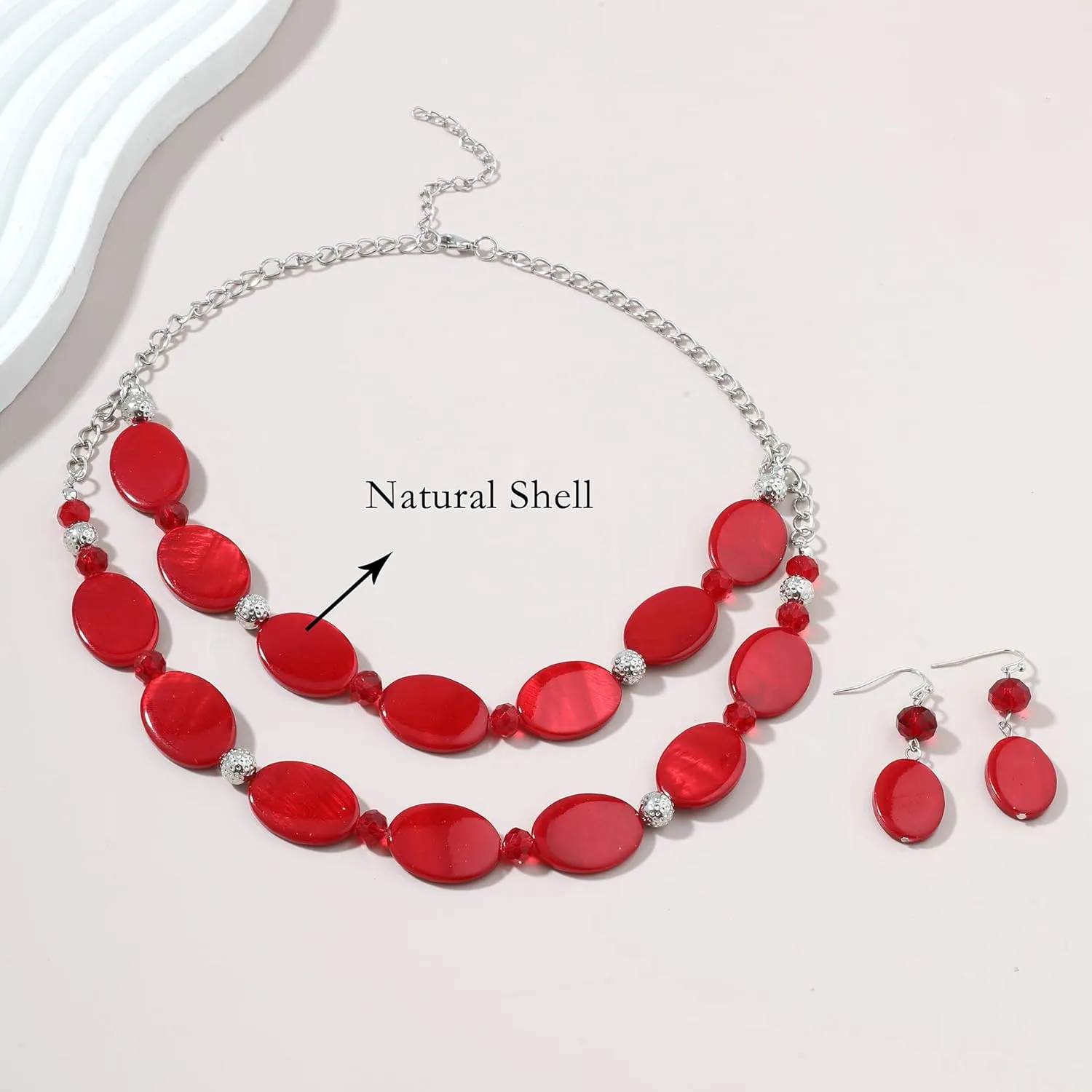 2 Layered Chunky Beaded Shell Necklace for Women Sea Shell blue/yellow/red/green/turquoise/teal/white Statement Necklace and Earring Set Elegant Women Necklace Set Jewelry Sets for Women