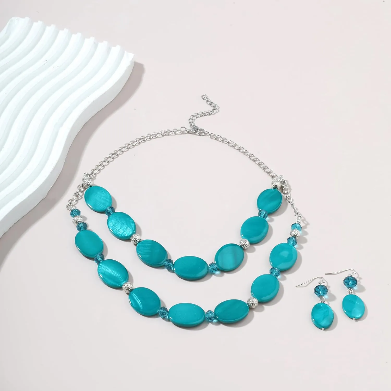 2 Layered Chunky Beaded Shell Necklace for Women Sea Shell blue/yellow/red/green/turquoise/teal/white Statement Necklace and Earring Set Elegant Women Necklace Set Jewelry Sets for Women