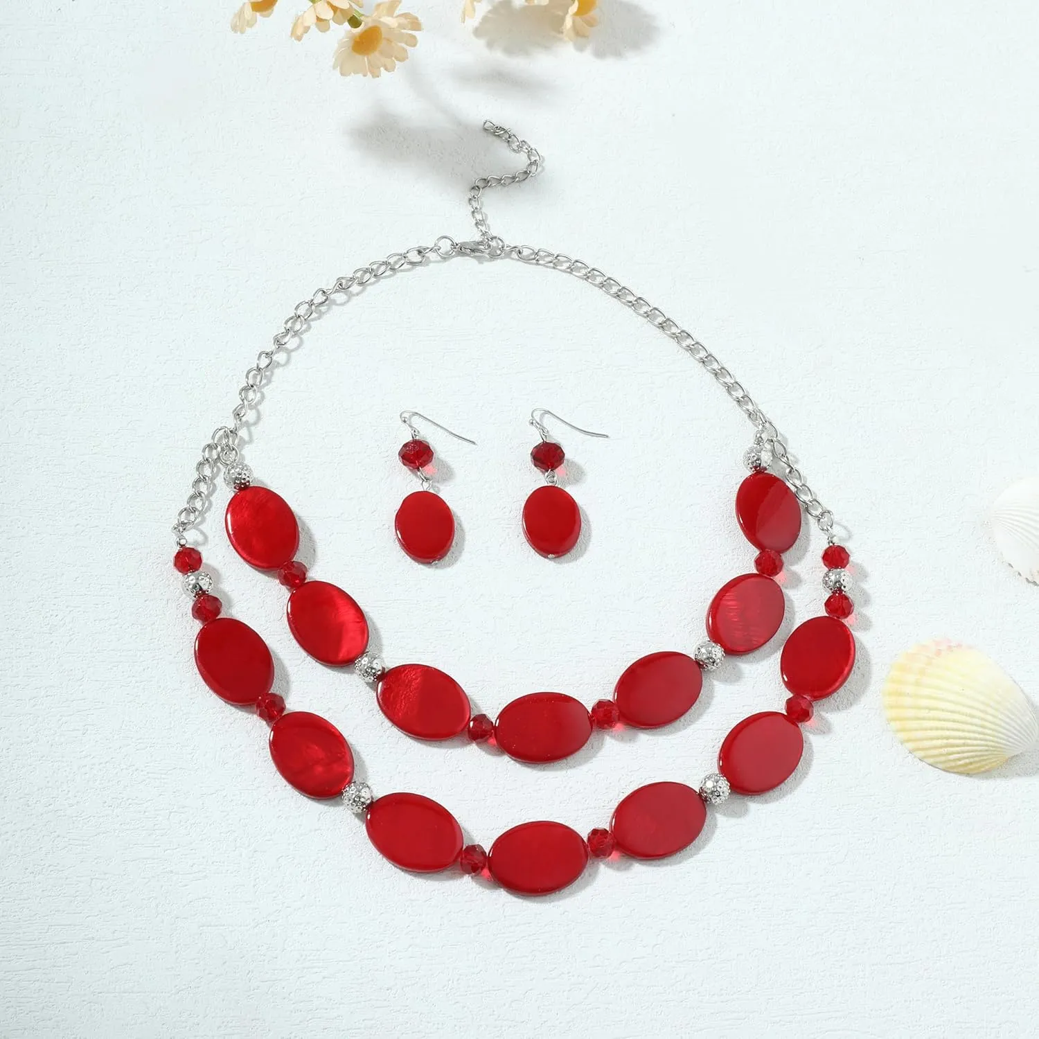 2 Layered Chunky Beaded Shell Necklace for Women Sea Shell blue/yellow/red/green/turquoise/teal/white Statement Necklace and Earring Set Elegant Women Necklace Set Jewelry Sets for Women