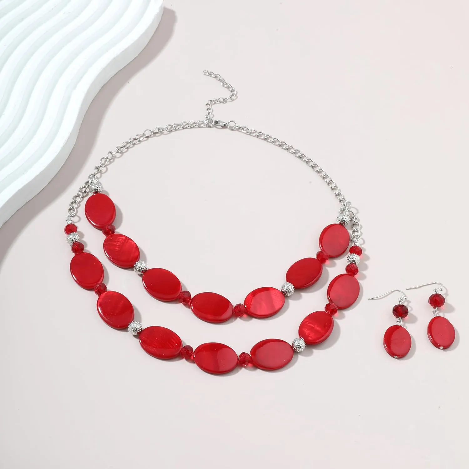 2 Layered Chunky Beaded Shell Necklace for Women Sea Shell blue/yellow/red/green/turquoise/teal/white Statement Necklace and Earring Set Elegant Women Necklace Set Jewelry Sets for Women