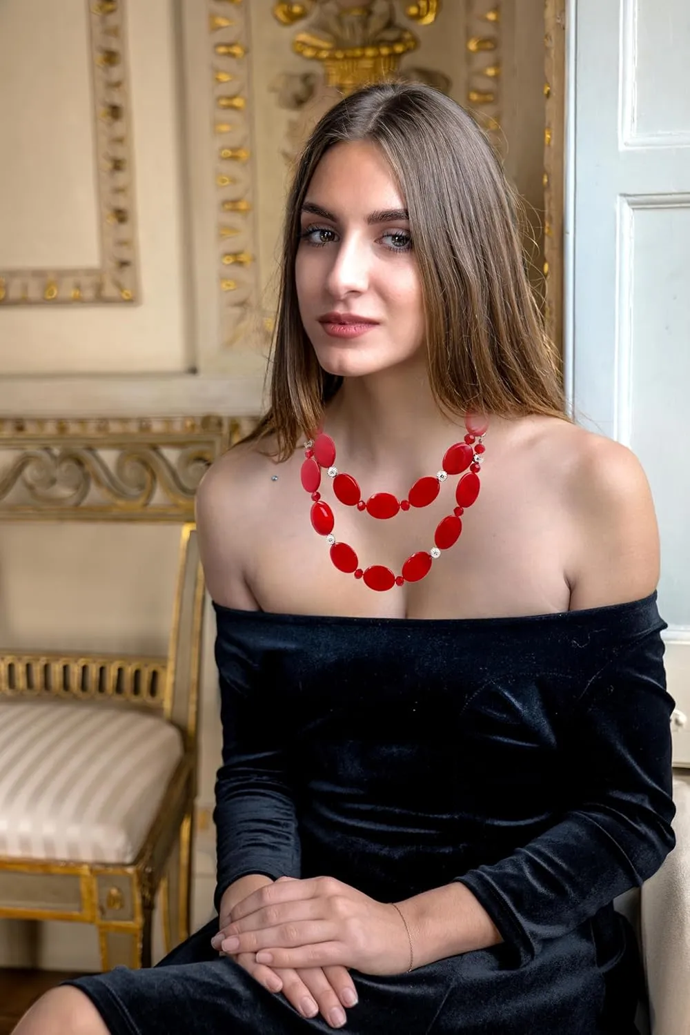 2 Layered Chunky Beaded Shell Necklace for Women Sea Shell blue/yellow/red/green/turquoise/teal/white Statement Necklace and Earring Set Elegant Women Necklace Set Jewelry Sets for Women