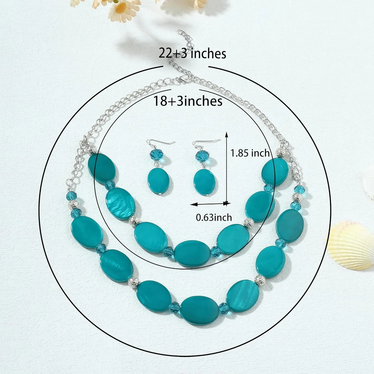 2 Layered Chunky Beaded Shell Necklace for Women Sea Shell blue/yellow/red/green/turquoise/teal/white Statement Necklace and Earring Set Elegant Women Necklace Set Jewelry Sets for Women
