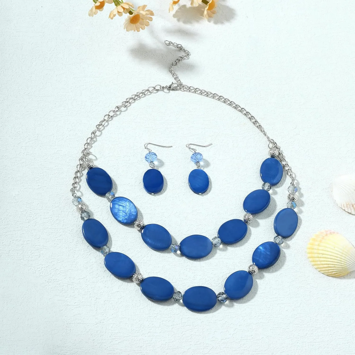 2 Layered Chunky Beaded Shell Necklace for Women Sea Shell blue/yellow/red/green/turquoise/teal/white Statement Necklace and Earring Set Elegant Women Necklace Set Jewelry Sets for Women
