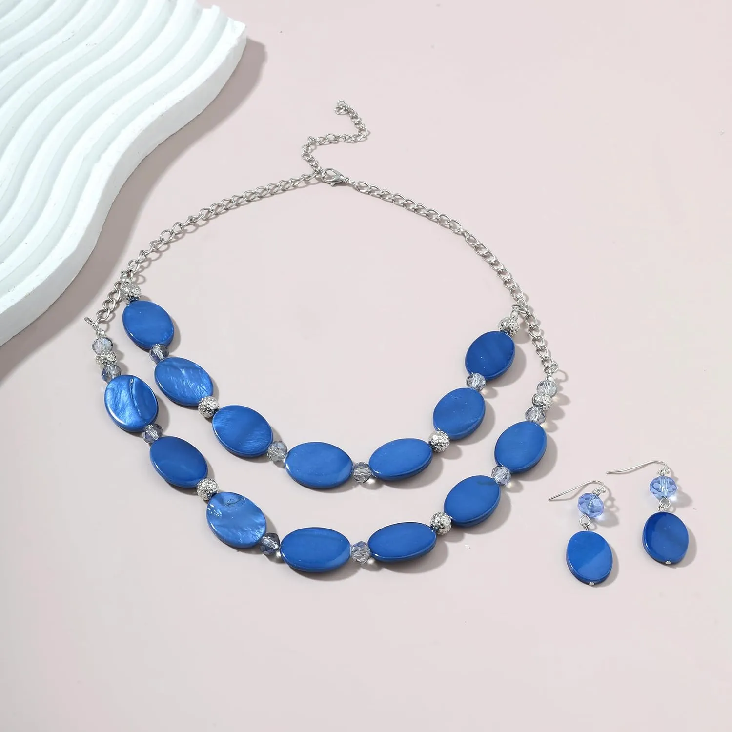 2 Layered Chunky Beaded Shell Necklace for Women Sea Shell blue/yellow/red/green/turquoise/teal/white Statement Necklace and Earring Set Elegant Women Necklace Set Jewelry Sets for Women