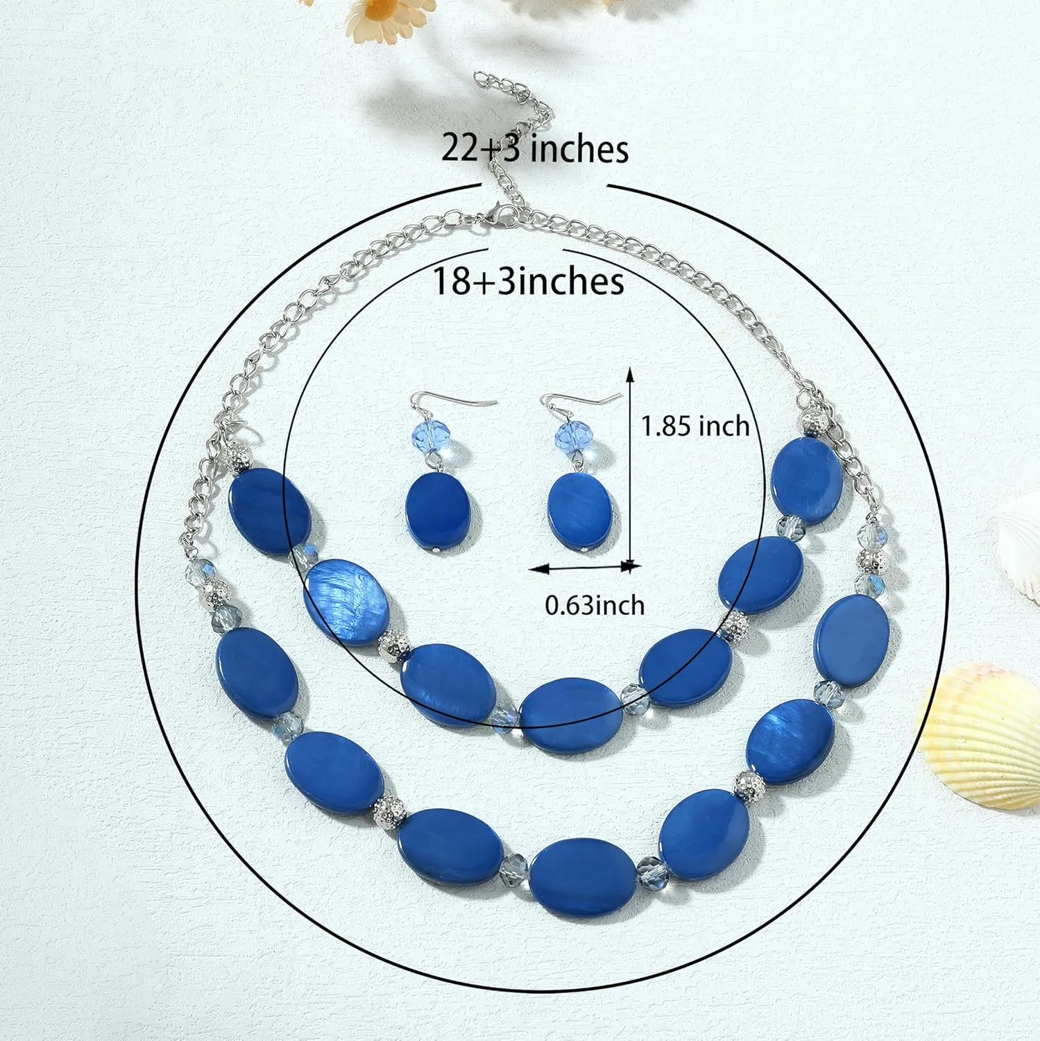 2 Layered Chunky Beaded Shell Necklace for Women Sea Shell blue/yellow/red/green/turquoise/teal/white Statement Necklace and Earring Set Elegant Women Necklace Set Jewelry Sets for Women