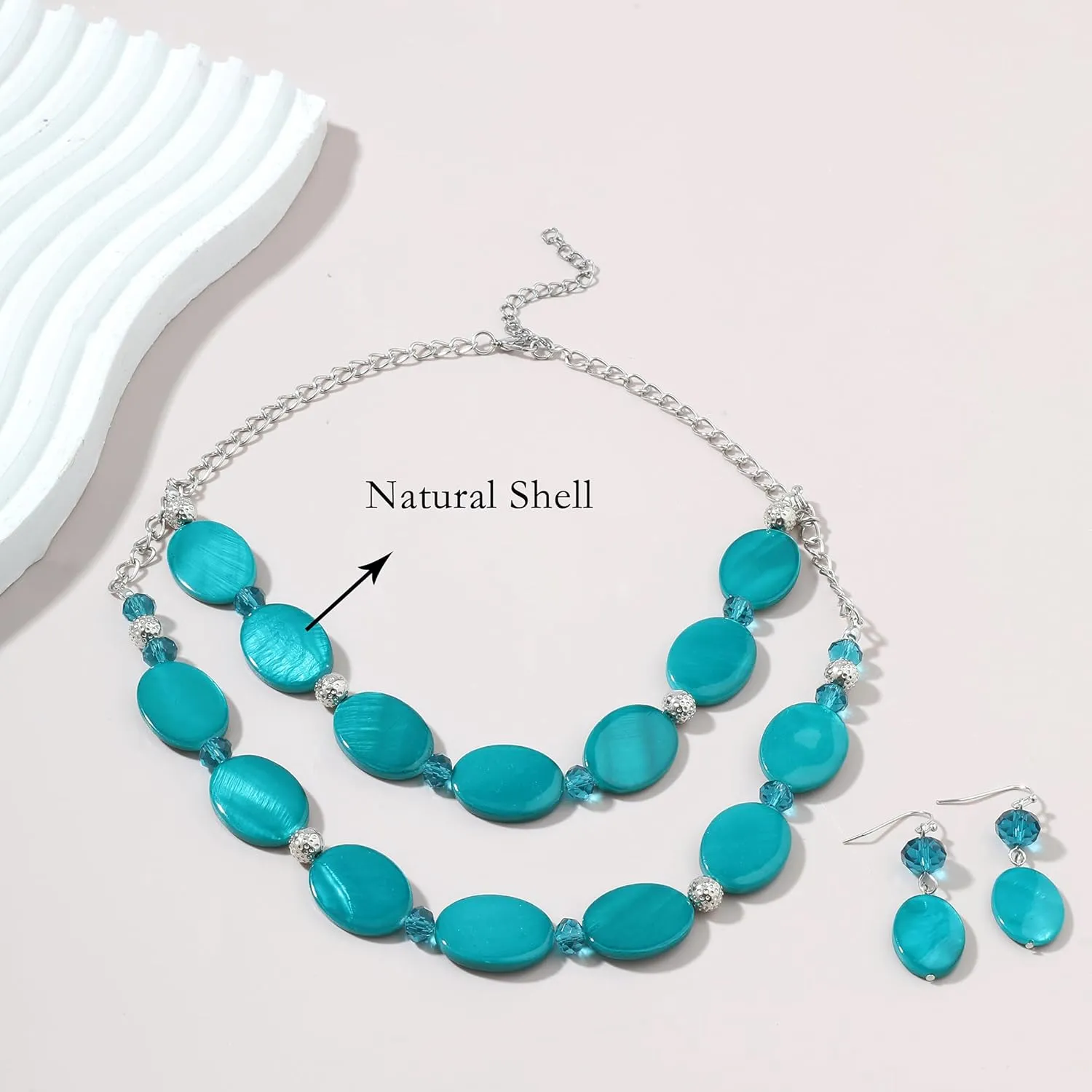 2 Layered Chunky Beaded Shell Necklace for Women Sea Shell blue/yellow/red/green/turquoise/teal/white Statement Necklace and Earring Set Elegant Women Necklace Set Jewelry Sets for Women
