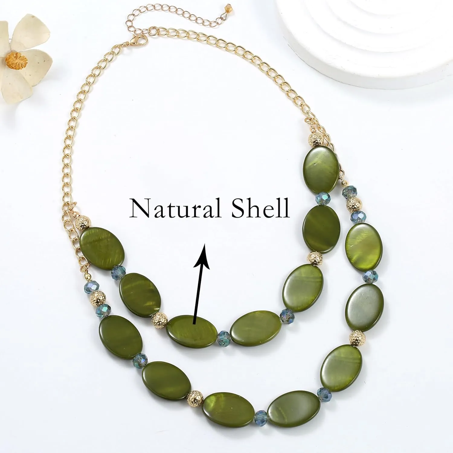 2 Layered Chunky Beaded Shell Necklace for Women Sea Shell blue/yellow/red/green/turquoise/teal/white Statement Necklace and Earring Set Elegant Women Necklace Set Jewelry Sets for Women
