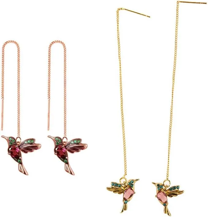 2 Pairs/Set Hummingbird Cute Birds Rhinestone Long Tassel Colorful Stud Drop Dangle Chain Metal Earrings Crystal Rhinestone for Women Girl Dainty Elegant Threader Earrings-Red Rose Gold