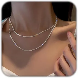 2 Pcs Silver Layered Choker Necklace for Women Girls Sparkly Double Layer Snake Chain Necklaces Trendy Stackable Choker Jewelry Gifts