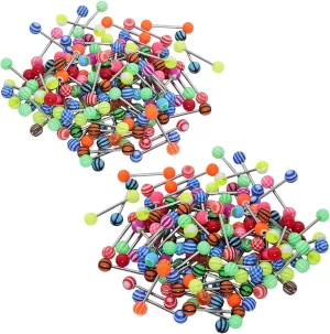 200 Pcs Tongue Rings Stainless Steel Nipple Rings 16mm Straight Barbells 14G Dumbbell Tongue Rings for Women Acrylic Body Piercing Jewelry Candy Assorted Colors