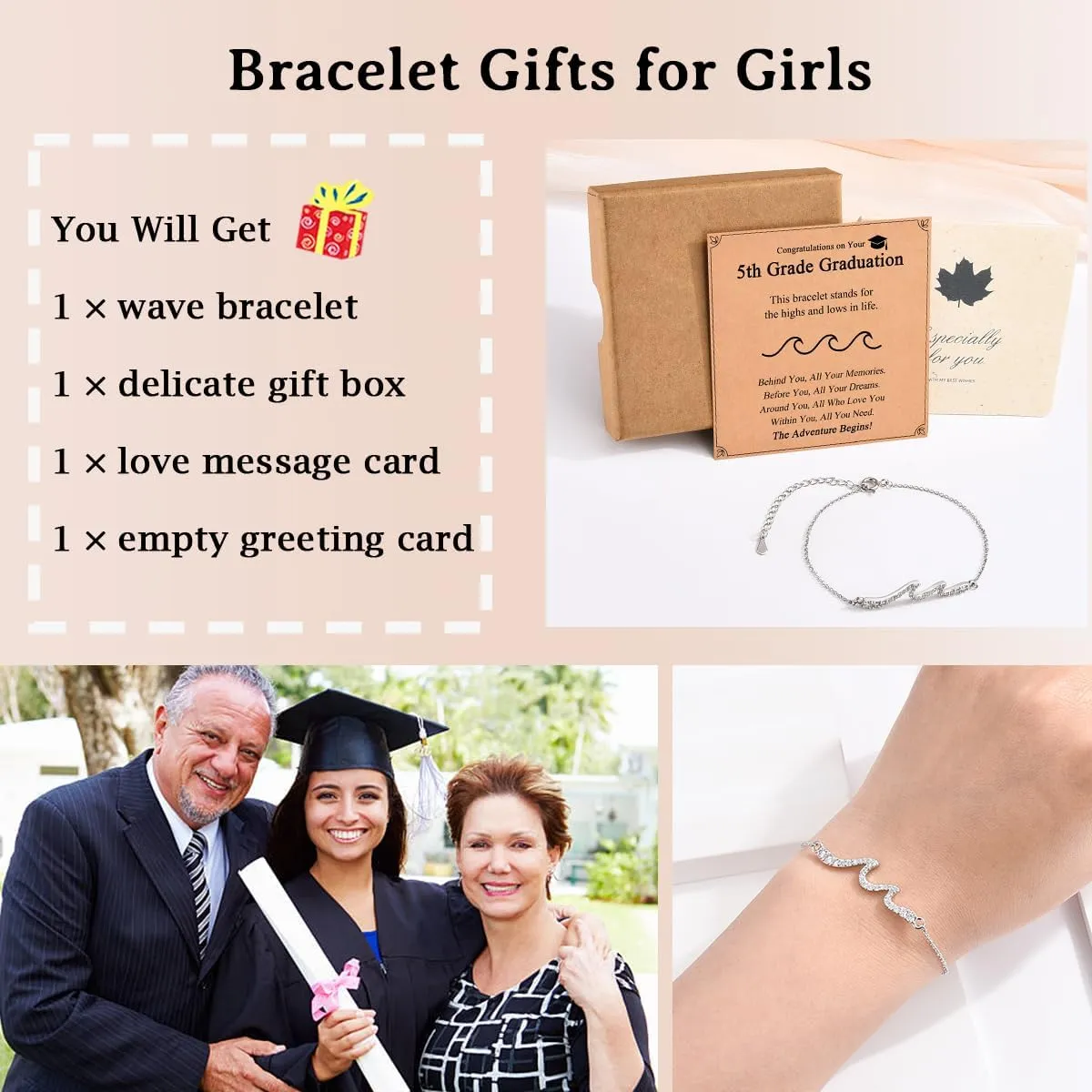 2025 Graduation Gifts for Her, Class of 2025 High School 5th 6th 8th Grade College Masters Degree Graduation Wave Bracelet Jewlry Gifts for Girls Women