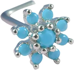 20G Blue Turquoise Flower Nose Studs Rings for Women Stainless Steel L-Shaped Nose Rings Studs Screws Dainty Nose Nostril Piercing Jewelry