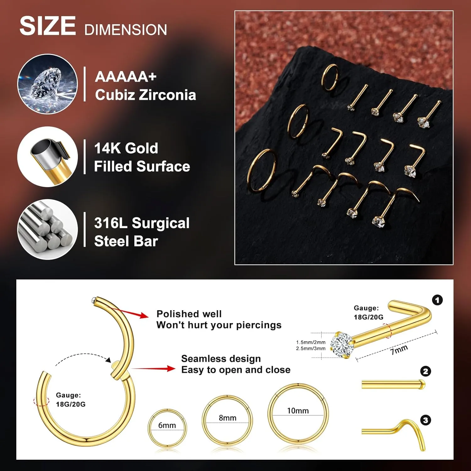 20G/18G Nose Studs Stainless Steel Nose Piercing Nose Ring Set I L S Shape Body Piercing Nose Hoop Ring for Women Men
