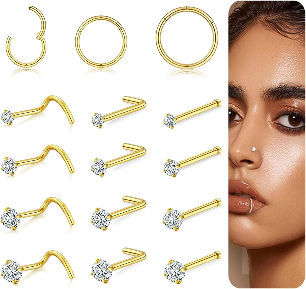 20G/18G Nose Studs Stainless Steel Nose Piercing Nose Ring Set I L S Shape Body Piercing Nose Hoop Ring for Women Men