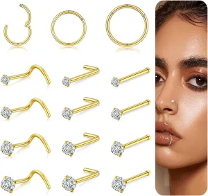 20G/18G Nose Studs Stainless Steel Nose Piercing Nose Ring Set I L S Shape Body Piercing Nose Hoop Ring for Women Men
