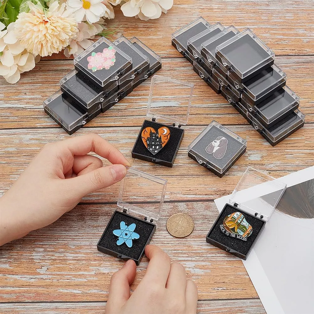 20Pcs Clear Plastic Gift Box For Pin 1.95x1.67x0.67 Inch Black Display Box Gift Boxes Small Jewelry Brooch Storage Case with Spong for Lapel Pin Gemstone Storage Decoration