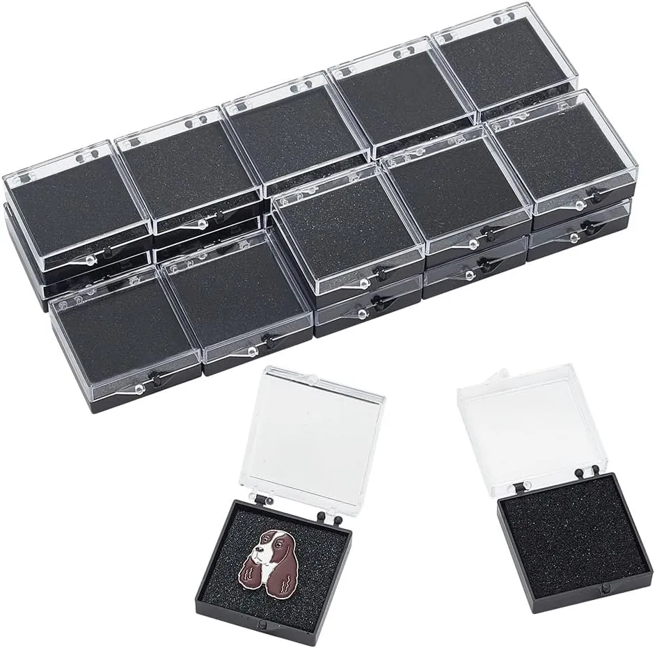 20Pcs Clear Plastic Gift Box For Pin 1.95x1.67x0.67 Inch Black Display Box Gift Boxes Small Jewelry Brooch Storage Case with Spong for Lapel Pin Gemstone Storage Decoration