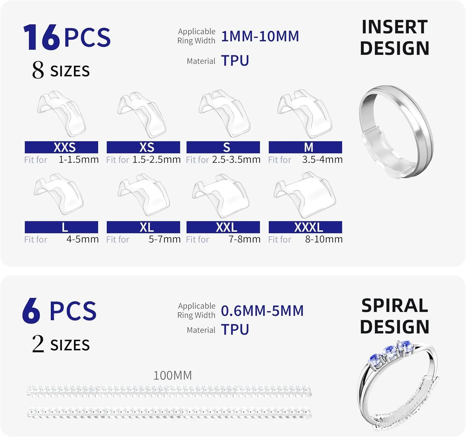 22 Pack Invisible Ring Size Adjuster for Loose Rings,2 Styles Ring Reducer Jewelry Guard Ring Resizer,Multiple 16 Inserts 8 Sizes and 6 Spirals 2 Sizes,Silicone Ring Tightener Fit for Almost Ring