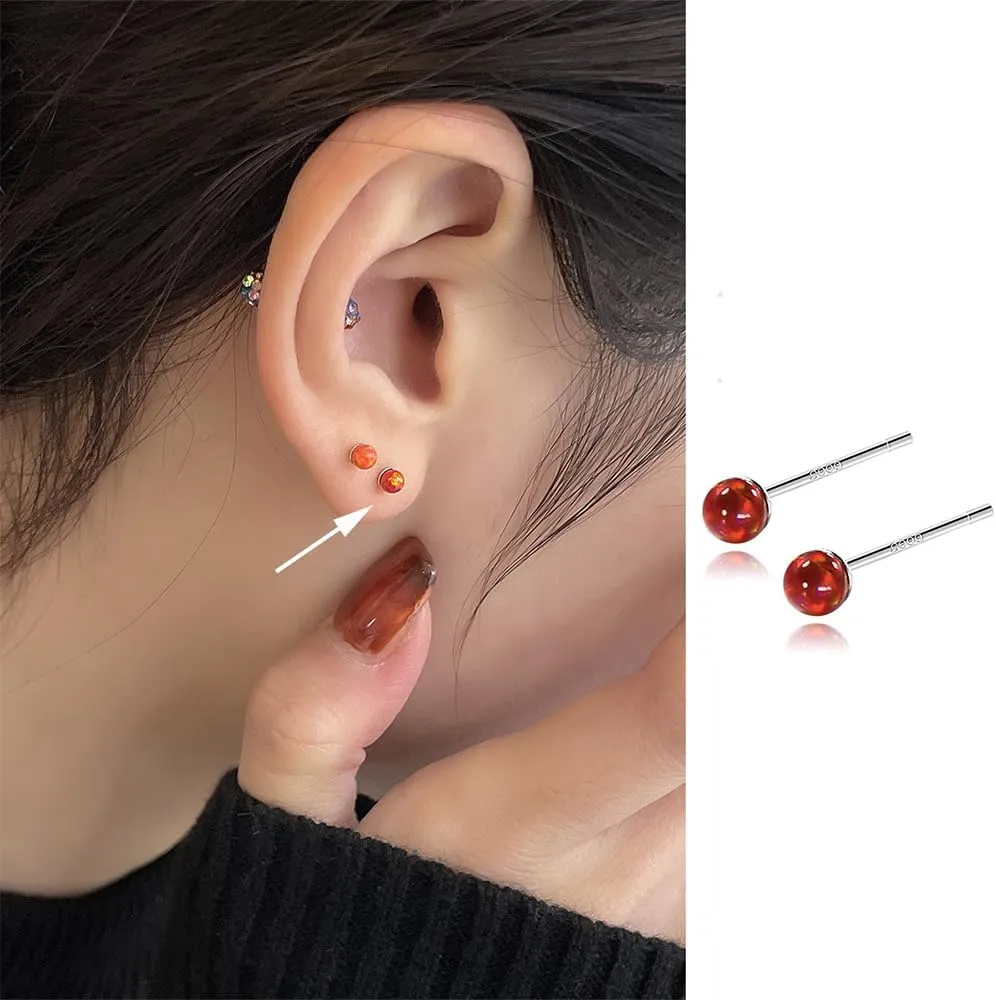2mm Opal Stud Earrings Sterling Silver 925 Colorful Stone Tiny Ball Cartilage Earrings Tragus Studs Piercing Barbell Mini Small Earrings Dainty Jewelry for Women Girls Sensitive Ears