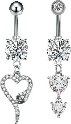 2Pcs 14G Clear CZ Heart Dangle Belly Button Rings for Women Sparking Surgical Steel Belly Navel Curved Barbells Long Dangling Belly Piercing Jewelry