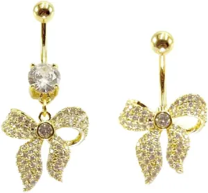 2Pcs 14G CZ Rhinestone Bowknot Belly Button Rings for Women 316L Surgical Steel Dangle Belly Rings Curved Navel Barbell Dainty Belly Piercing Jewelry