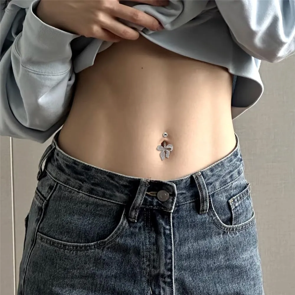 2Pcs 14G CZ Rhinestone Bowknot Belly Button Rings for Women 316L Surgical Steel Dangle Belly Rings Curved Navel Barbell Dainty Belly Piercing Jewelry