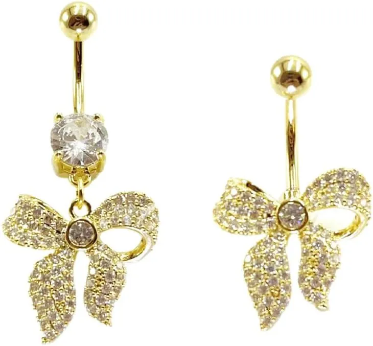 2Pcs 14G CZ Rhinestone Bowknot Belly Button Rings for Women 316L Surgical Steel Dangle Belly Rings Curved Navel Barbell Dainty Belly Piercing Jewelry