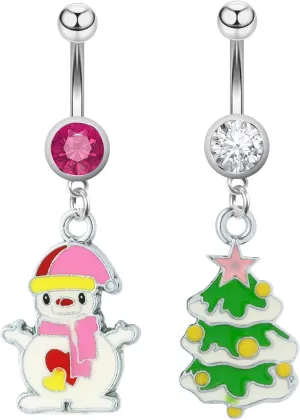 2Pcs 14G Snowman Christmas Tree Dangle Belly Button Rings for Women Silver Stainless Steel Belly Navel Rings Curved Barbells Cute Winter Christmas Xmas Body Piercing Jewelry