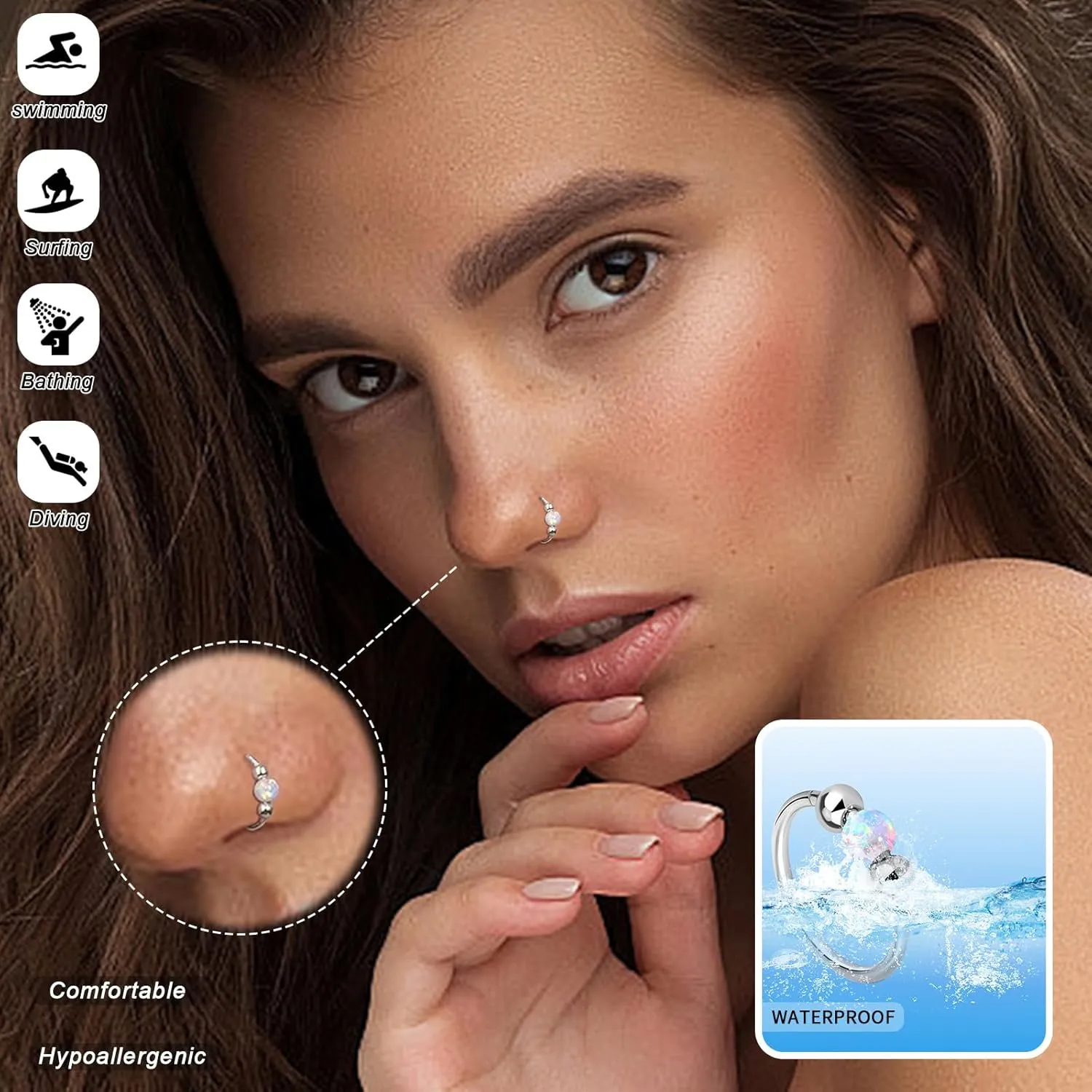 2PCS 18g Opal Nose Rings for Women Nose Hoops 8mm/10mm 316L Surgical Steel Nose Rings Piercing Jewelry Can Be Used as a Nose Ring, Septum Ring, and Cartilage Earring