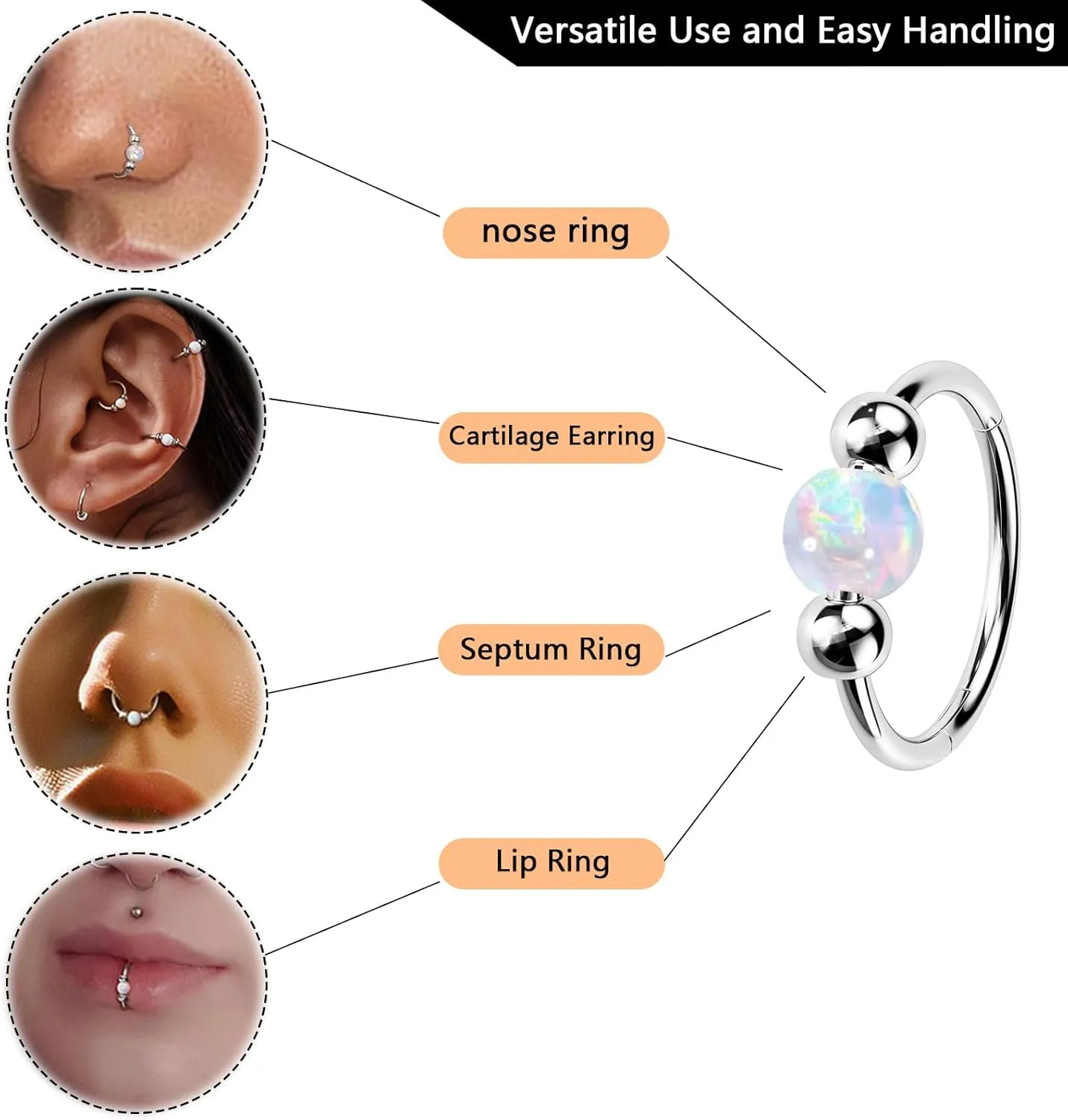 2PCS 18g Opal Nose Rings for Women Nose Hoops 8mm/10mm 316L Surgical Steel Nose Rings Piercing Jewelry Can Be Used as a Nose Ring, Septum Ring, and Cartilage Earring