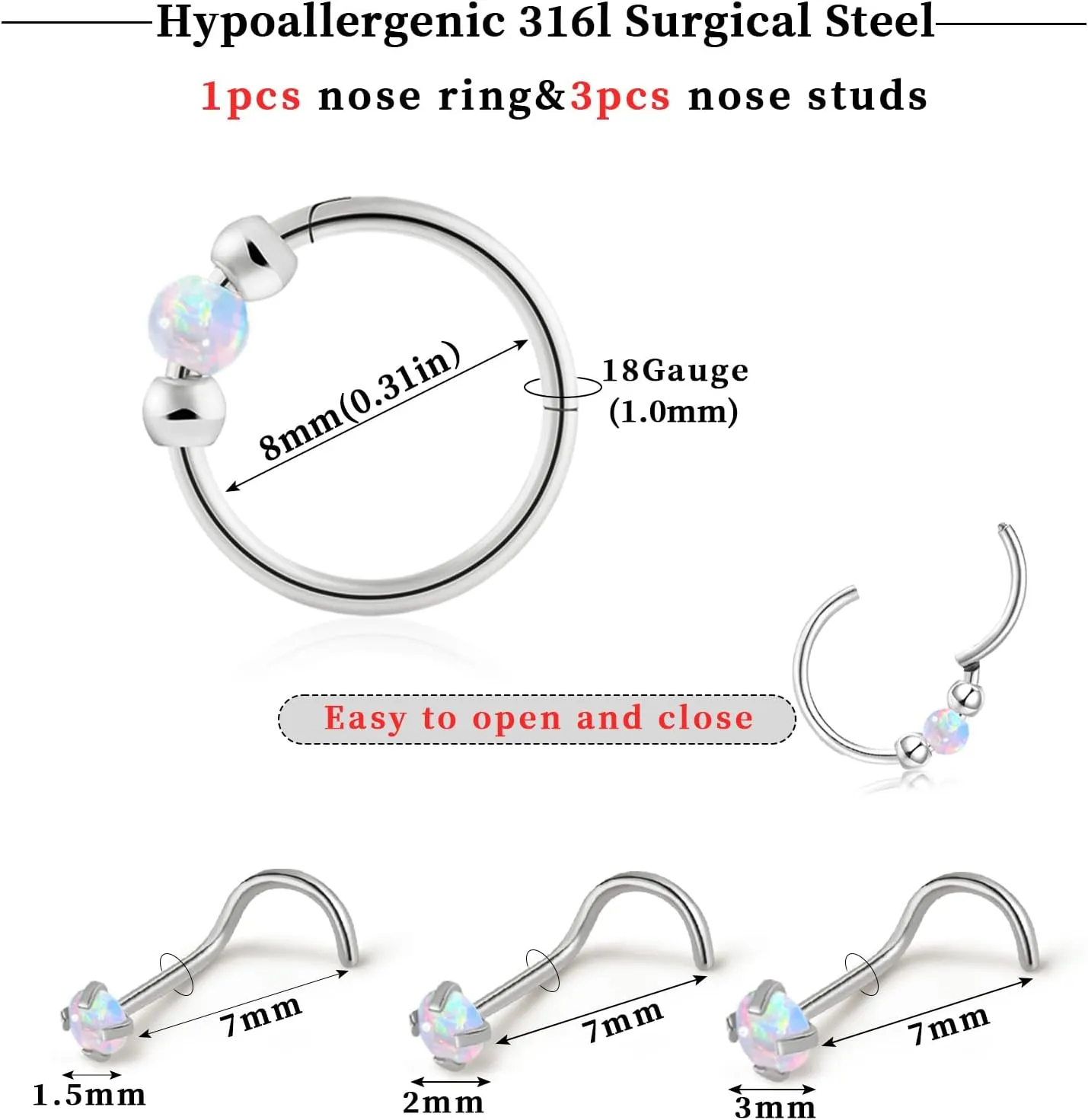 2PCS 18g Opal Nose Rings for Women Nose Hoops 8mm/10mm 316L Surgical Steel Nose Rings Piercing Jewelry Can Be Used as a Nose Ring, Septum Ring, and Cartilage Earring