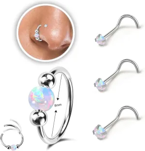 2PCS 18g Opal Nose Rings for Women Nose Hoops 8mm/10mm 316L Surgical Steel Nose Rings Piercing Jewelry Can Be Used as a Nose Ring, Septum Ring, and Cartilage Earring