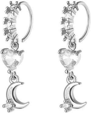 2Pcs 20G CZ Heart Moon Dangle Nose Rings Nose Hoop for Women Hypoallergenic Surgical Steel Nose Ring Hoops Cartilage Earrings Dangling Nostril Piercing Jewelry