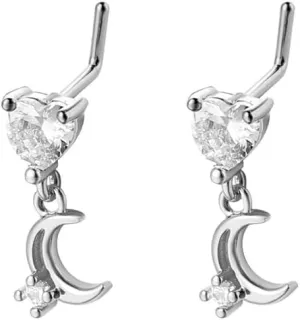 2Pcs 20G CZ Heart Moon Dangle Nose Studs Rings for Women Hypoallergenic Surgical Steel L-Shaped Nose Ring Stud Dangling Cartilage Earrings Nostril Piercing Jewelry