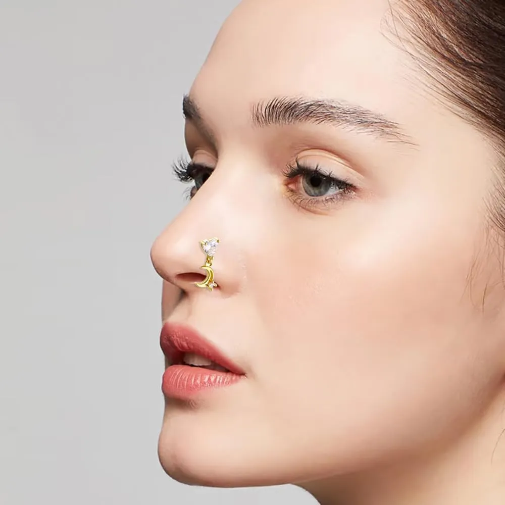 2Pcs 20G CZ Heart Moon Dangle Nose Studs Rings for Women Hypoallergenic Surgical Steel L-Shaped Nose Ring Stud Dangling Cartilage Earrings Nostril Piercing Jewelry