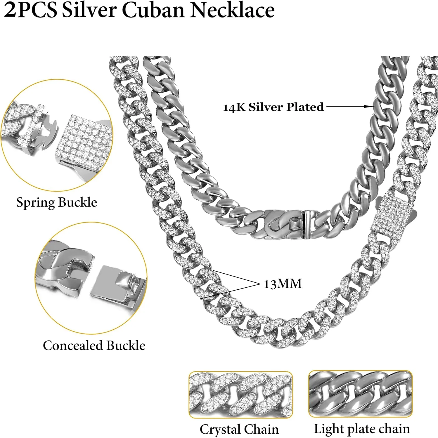 2PCS Cuban Link Chain for Men Women Miami Cuban Link Chain Necklace Gold Silver Plated Bling Diamond Chain Trendy Choker Chain Necklaces Jewelry for Men
