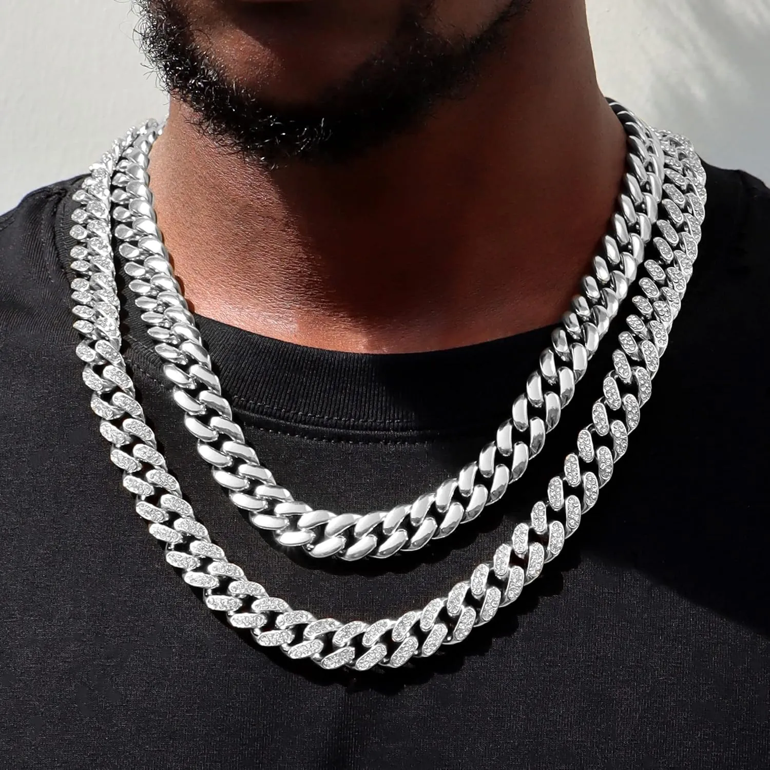 2PCS Cuban Link Chain for Men Women Miami Cuban Link Chain Necklace Gold Silver Plated Bling Diamond Chain Trendy Choker Chain Necklaces Jewelry for Men