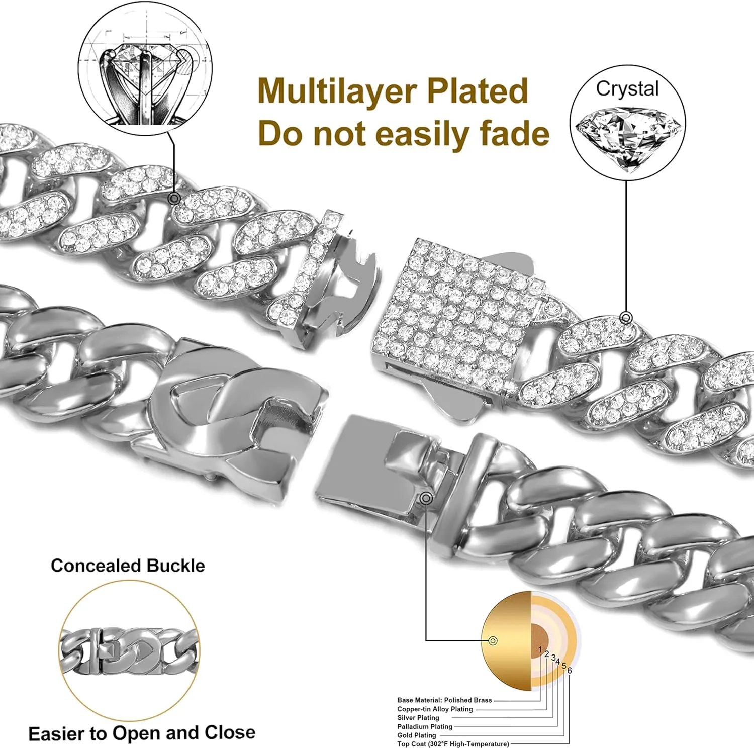 2PCS Cuban Link Chain for Men Women Miami Cuban Link Chain Necklace Gold Silver Plated Bling Diamond Chain Trendy Choker Chain Necklaces Jewelry for Men
